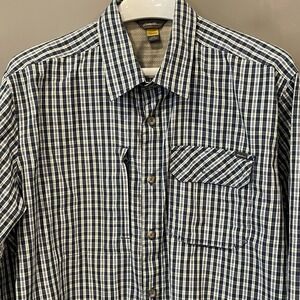 Eddie Bauer Travex Mens Large Navy Plaid Roll Tab Long Sleeve Hiking Shirt